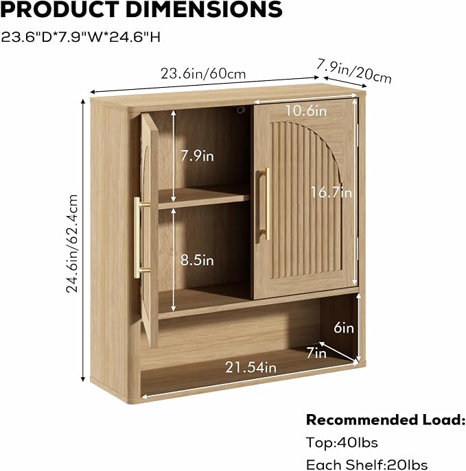 RUSTOWN Fluted Bathroom Wall Cabinet with Arched Doors & Rounded Edges | Over The Toilet Storage Cabinet with Adjustable Shelf, Mid Century Modern Medicine Cabinets, Laundry & Kitchen Shelving Unit