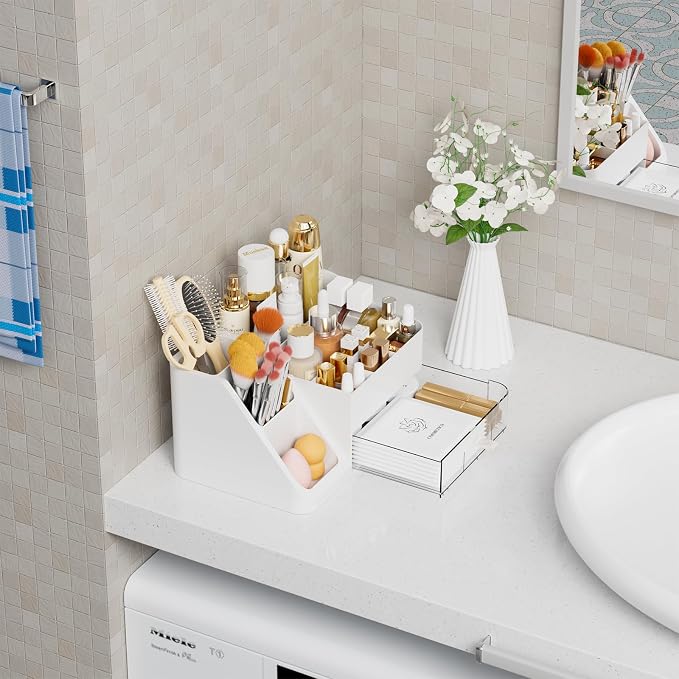 White Makeup Organizer Countertop,Large Cosmetics Storage Organizer for Make up Brush,Hair Products and Beauty Skincare Organizers,Plastic Makeup Holders and Organizers for Bathroom,Vanity,Desk