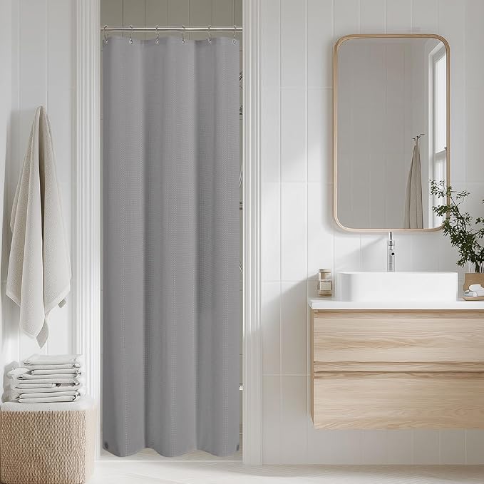 2-in-1 Waterproof Fabric Shower Curtain - No Separate Liner Needed, Hotel-Style Waffle Weave, Effortless Cleaning & Washable Bathroom Shower Curtain Set,36Wx72H,Grey