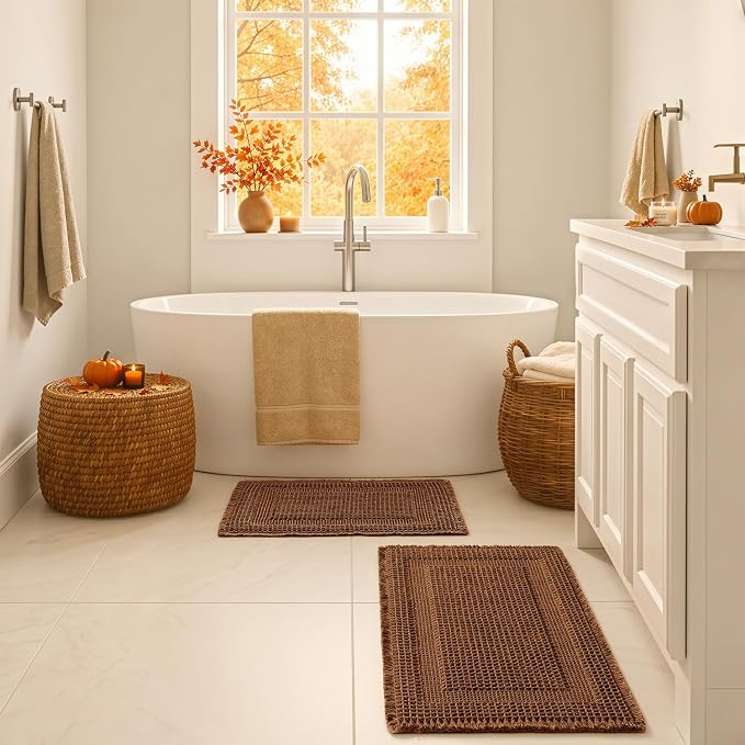 MIULEE Set of 2 Waffle Bathroom Rugs Caramel Boho Bath Mat 24x36 in | Looped Design, Super Absorbent, Non Slip, Washable, Ultra Soft, Rubber Backed, Bathroom Mats for Floor Tub Shower