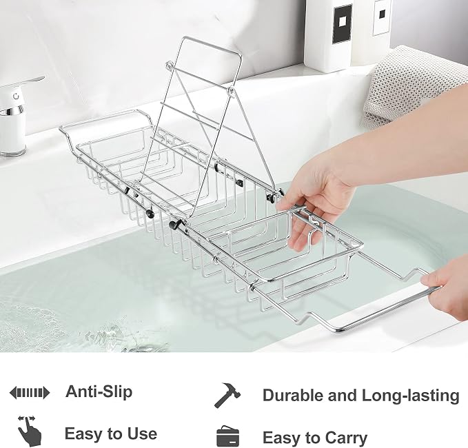 HOMEE Stainless Steel Shower Caddy Tray with Removable Book Holder Silver | European Style Extendable Rectangular Bathroom Tray for Shower Bath Phone IPad Book Holder Candleholder Table Shelf