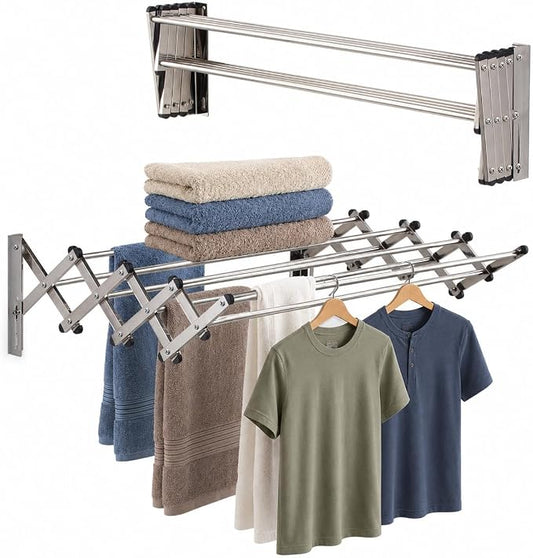 Wall Mounted Clothes Drying Rack | Adjustable to Fit Your Space | 20 Linear Feet Drying Capacity | 8 Stainless Steel Rods | 60 lb Capacity | Fully Assembled | Compact Space-Saving Design