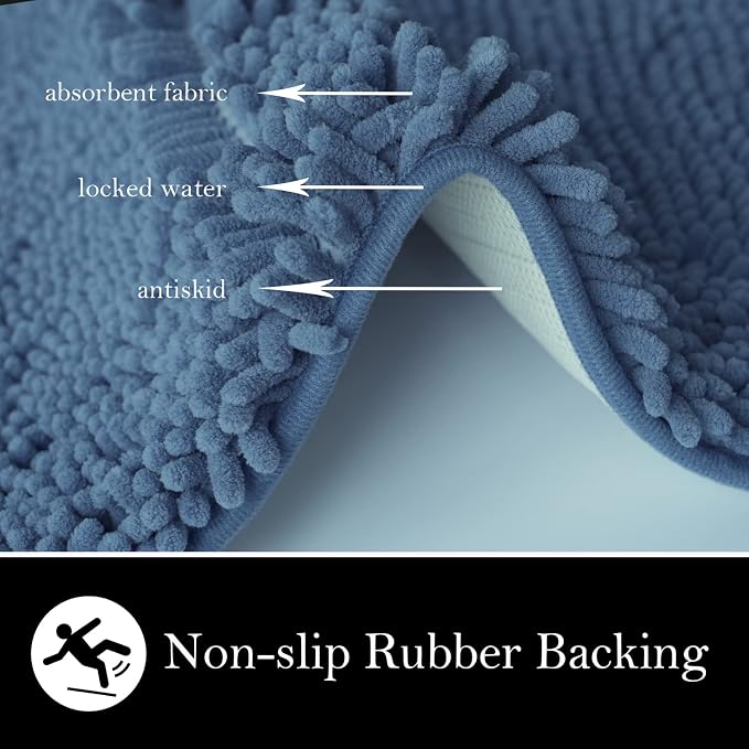 Bathroom Rugs Chenille Bath mat 2 Piece Set, Super Absorbent, Strong PVC Non Slip Backing, Bath mats for Bathroom, Plush Shaggy, Thick, Machine Washable, Bathtub, Toilet .(Medium Blue)