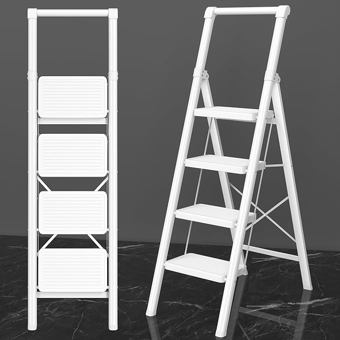 Foldable Step Ladder Stool for Home,4 Step Stool with Wide Anti-Slip Pedal, Heavy Duty 600Lbs Ladder for Indoor Kitchen Closet Stair Use, White