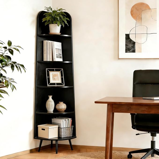 VECELO Large Tall Corner Shelf, 66.93" H 5-Tier Corner Storage Organizer, Freestanding Corner Display Rack for Living Room Bedroom Home Office, Black