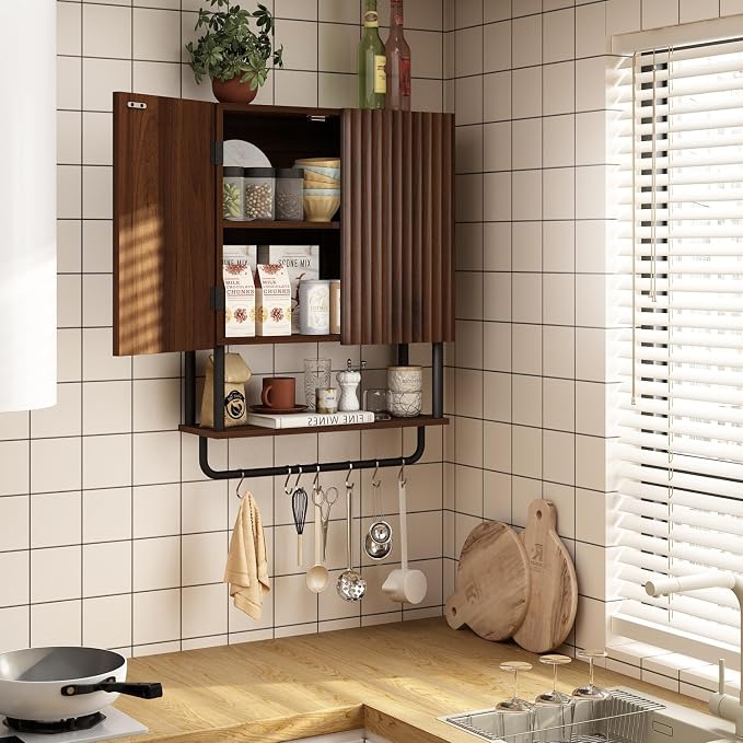 RUSTOWN Fluted Bathroom Wall Cabinet with 2 Doors, 3-Tier Medicine Cabinet | Modern Farmhouse Wall Mounted Cabinets, Over The Toilet Storage Cabinet, Adjustable Shelf and Towel Bar, Medium