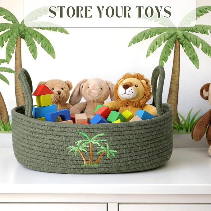Vesici Coconut Palm Tree Woven Storage Basket Tropical Bathroom Decor | Cotton Rope Organizer for Toilet Paper, Bathroom Countertop Organizer Storage with Handle, Green Palm Decor, 13x6x4 Inch