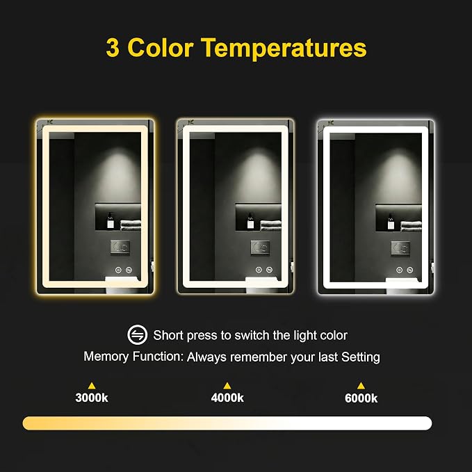 LED Bathroom Mirror with Lights, 20"x30" Lighted Vanity Mirror for Wall | Anti-Fog, Dimmable 3 Color Light, Backlit+Frontlit, Shatterproof Tempered Glass, Memory Function