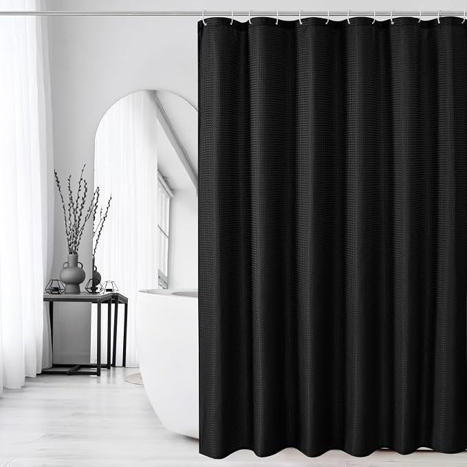 Extra Long Black Fabric Shower Curtain, 72 x 84 | Tall Cloth-Textured Shower Curtain for Bathroom, Water Repellent, Machine Washable