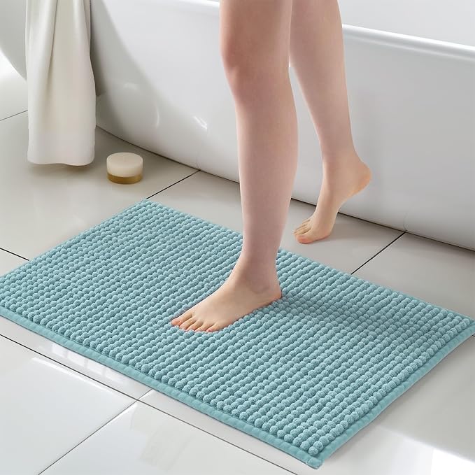 FRESHMINT Thick Chunky Chenille Bathroom Rug, Aqua Blue, 20"x32" | Non-Slip Backing, Water Absorbent Surface, Machine Washable Care, Cushioned Comfort, Bathroom Floor Use