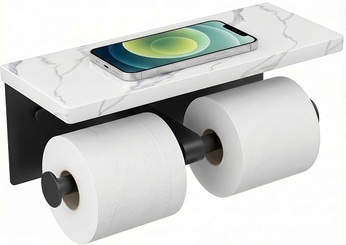 FORIOUS Double Marble Toilet Paper Holder with Phone Shelf, Mattle Black | Wall Mount 304 Stainless Steel Commercial Bathroom Tissue Roll Dispenser, Modern Heavy Duty Washroom Paper Storage