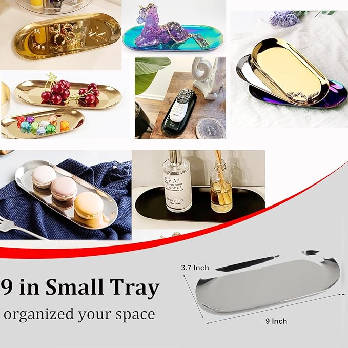 Stainless Steel Decorative Tray, Set of 2, 9 Inch Long, Jewelry Dish Cosmetics Organizer Bathroom Clutter Serving Platter Small Storage Tray, Oval, Silver