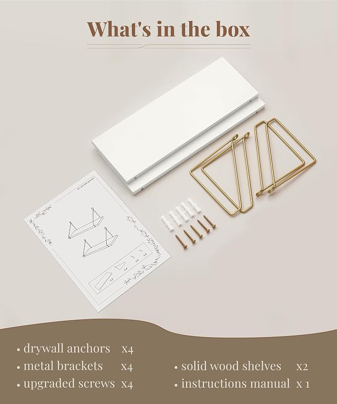 Afuly Floating Shelves for Wall, White and Gold Shelf, Display Wall Shelves | Hanging Bookshelf with Bracket, Solid Wood and Metal, Plants Display, for Bathroom, Kitchen, Living Room, Bedroom, Home Decor