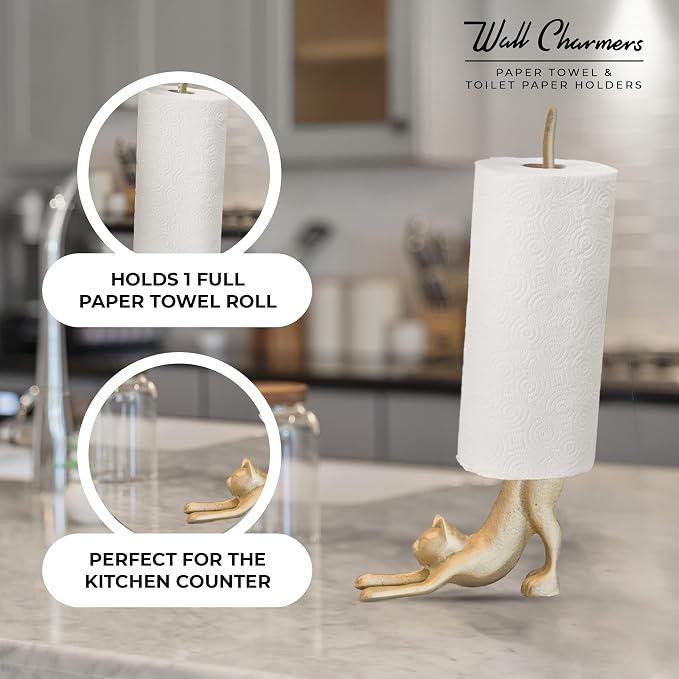 Gold Paper Towel Holder, Metal Toilet or Kitchen Paper Holder for Floor or Countertop, Gold Cat | 18.6 inch tall gold cast iron hand towel holder for kitchen countertop or bathroom with weighted base, no assembly