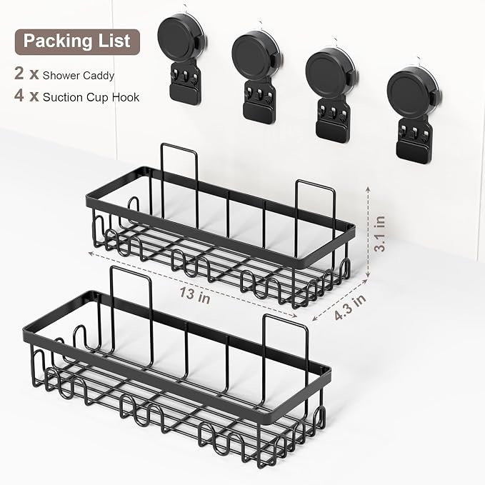 JOTPE Shower Caddy Suction Cup, No Drill Shower Shelves for Bath, 2 Pack | Shower Organizer with Large Capacity, Storage Suction Powerful Max Hold 40 lbs, Waterproof & Removable Bathroom Shelf, Black