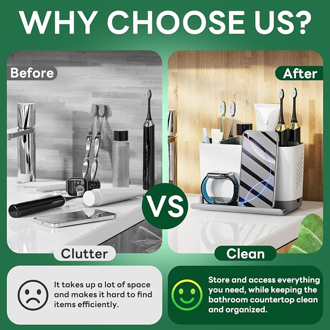 Toothbrush Holders for Bathrooms, Adjustable 6 Slots Electric Toothbrush and Toothpaste Holder, Cord-Friendly Detachable Bathroom Countertop Organizer with Front Ledge for Phone and Ring Holder