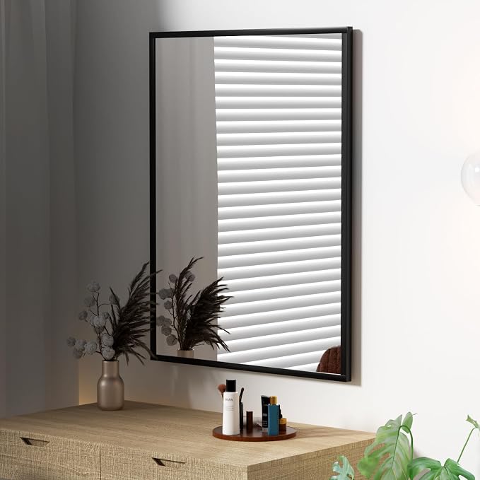Rectangular Wall Mirror, Black Aluminum Frame, 18x24 Inches, Modern Style, Tempered Glass, Wall Mount for Bathroom Bedroom Living Room