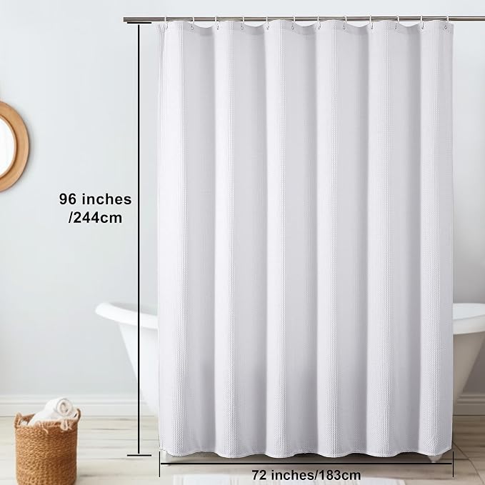 Extra Long White Shower Curtain Set- 96 Inch Long Waffle Weave Heavy Duty Fabric Shower Curtains for Bathroom, Luxury Heavy Duty Thick Cloth Shower Curtain with 12 Plastic Hooks, 72x96, White