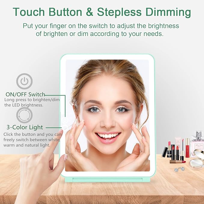 Folding Travel Mirror Lighted Makeup Mirror with 72 LEDs 3 Colors Light Modes, USB Rechargable, Portable, Ultra Thin, CompactVanity Mirror with Touch Screen Dimming for Cosmetic (Green)