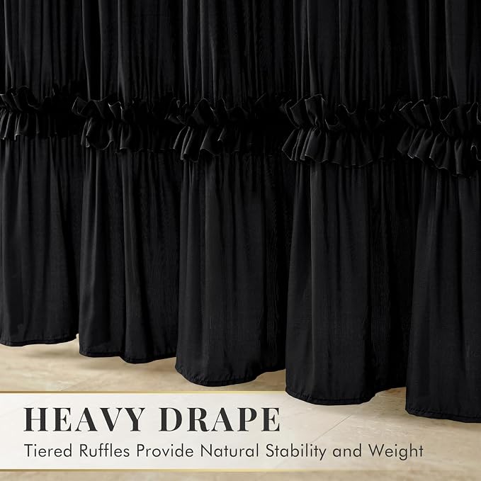 LIPA Extra Long Boho Shower Curtain Rustic Ruffle Shower Curtain with Ruched & Bow Vintage Farmhouse Shower Curtains for Bathroom Bohemian Bathroom Decor(Black,72x84 Inches)