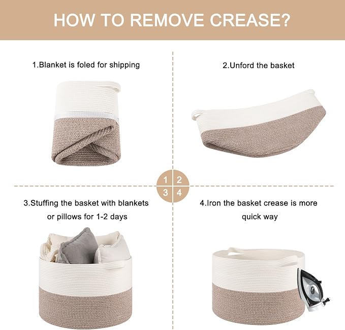 OIAHOMY Large Blanket Basket for Living Room, 19.7" x 12.6" Woven Cotton Rope Laundry Basket for Organizing Pillows, Decorative Stuffed Animal Toy Storage for Nursery, White and Linen Brown