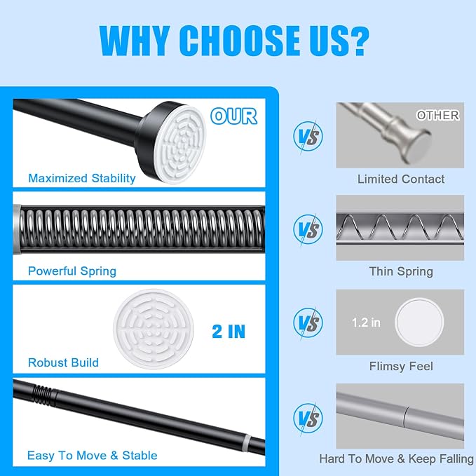 TEECK 2 Pack Shower Curtain Rod, 32-80 inch Adjustable Spring Tension Curtain Rod, Never Rust Anti-Slip Shower Curtain Rod for Bathroom, No Drilling, Never Collapse, Easy to Use, Black