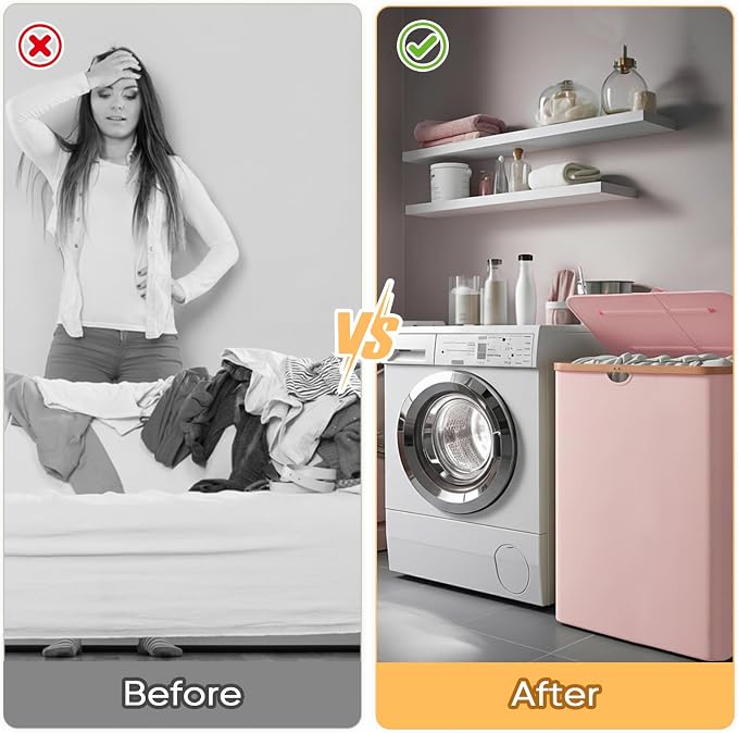 BALEINE Laundry Hamper with Lid, Tall Laundry Baskets with Bamboo Pull Handles, Large Laundry Bin with Internal Support (36 Gal/140L, Pink)