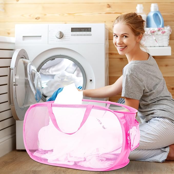 Durable Collapsible Laundry Baskets, Mesh Pop Up Laundry Hamper with Side Pocket, Foldable Clothes Hamper with Reinforced Carry Handles for Laundry, Bathroom, Kids Room, Dorm or Travel 2 Pack Pink