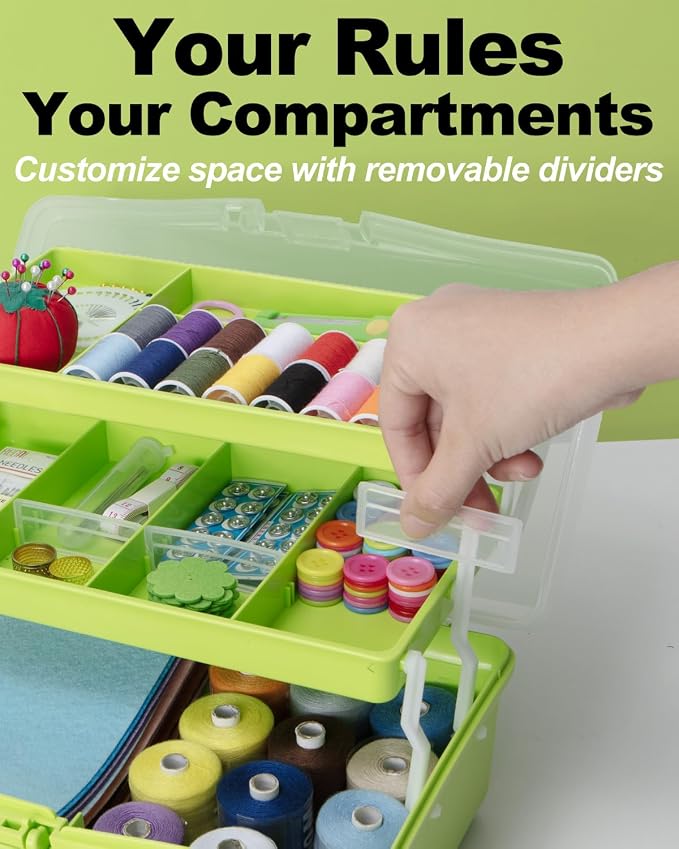 TERGOO 12in 3-Layer Plastic Craft Organizers and Storage, Portable Folding Tackle Box with Handle & Adjustable Dividers, Multipurpose Case for Sewing, Art Supplies, Medicine, Tools (Green)