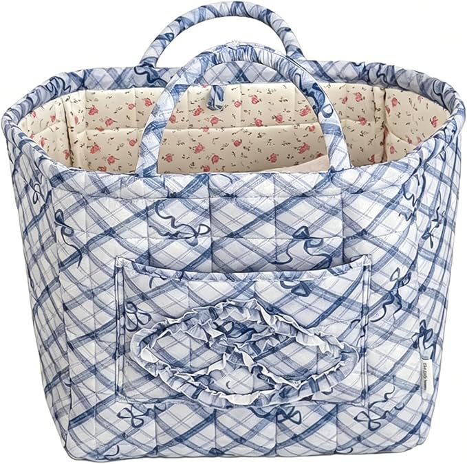 Storage Basket Boho Fabric Large Collapsible Floral Laundry Nursery Hamper Portable Folding Storage for Clothes Toys (Blue Bow)