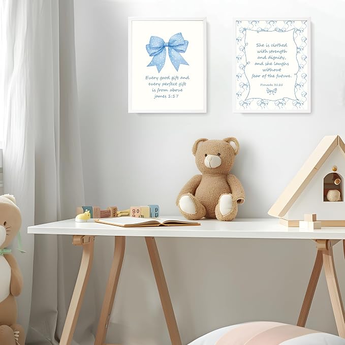 LARTSFRO Coquette Blue Bow Jesus Wall Art Decor Posters, Light Blue Bow Christian Room Bathroom Bedroom Dorm Wall Art Decor Aesthetic for College Teen Girls Gifts, Inspirational Bible Verses Bow Wall Decor, 10x8 Inch Set of 4 Bow Pictures(UNFRAMED)