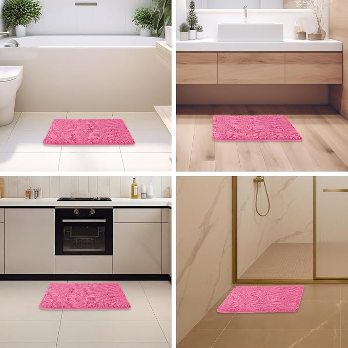 Hot Pink Bathroom Rugs – Absorbent and Washable Bath Mat, Non-Slip, Thick Soft Chenille Bath Rugs for Bathroom Floor, Shower, Sink - 17" x 24"