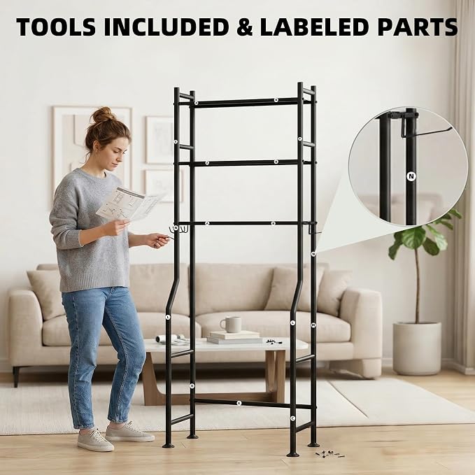 GloTika 3-Tier Over Toilet Storage, Anti-Tilt, 64" H, Black, 2 Baskets | Anti-Tilt Safety System, 150lb Capacity, Carbon Steel, Freestanding, No Drilling, Anti-Rust Coating, Paper Holder & 4 Hooks
