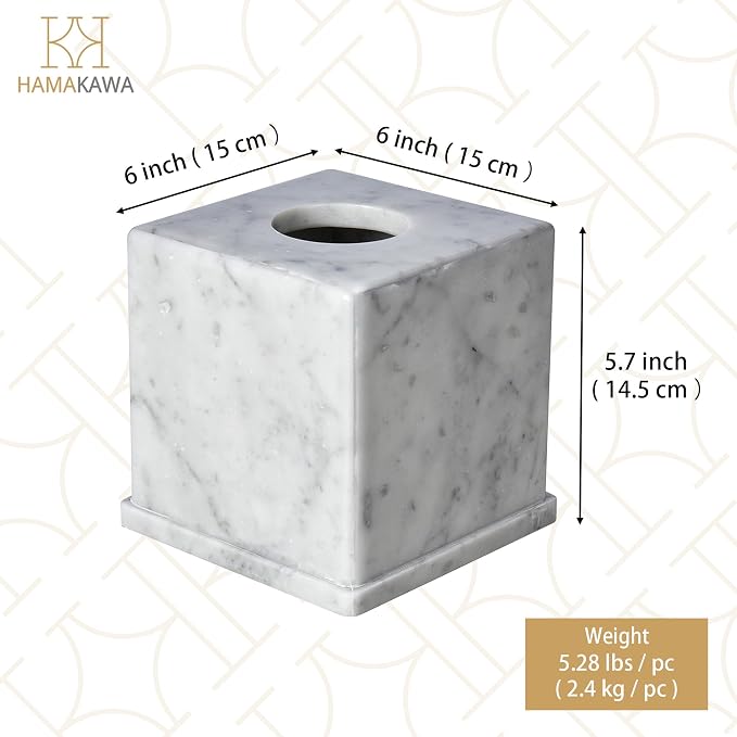 Natural Marble Tissue Box Cover, Carrara White Tissue Organizer 6 x 6 x 5.7 inch, Heavy Stone Decorative Box, Square Tissue Box Holder for Home Decor, Kitchen, Bathroom, Bedroom