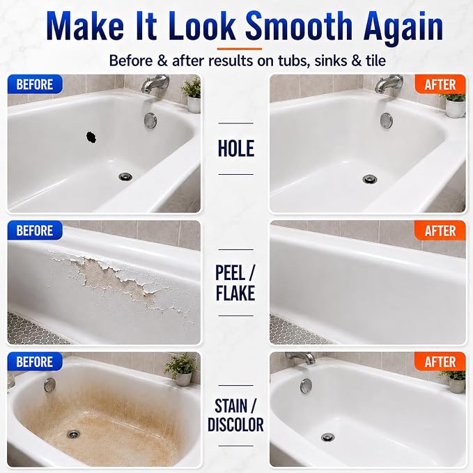 Tub Repair Kit White, Bathtub Repair Kit for Enamel, Fiberglass, Acrylic | For Chips, Cracks, Scratches, Holes & Rust on Porcelain, Patch & Repairs Cast Iron Tubs, Toilet, Sink, Shower Pan in Bathroom
