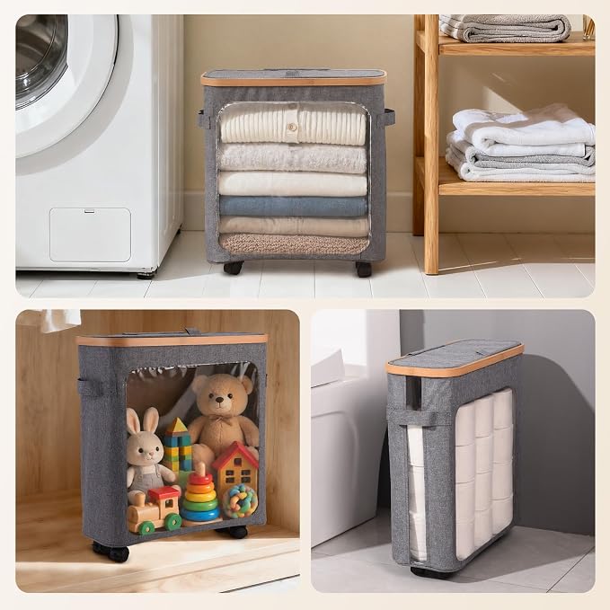 Toilet Paper Storage Organizer with Lid, 33L, Holds 16 Rolls (Grey) | Slim Foldable Design, Waterproof, with Lockable Wheels for Mobility, Ideal for Bathroom, Bedroom, Dorm, Laundry Room