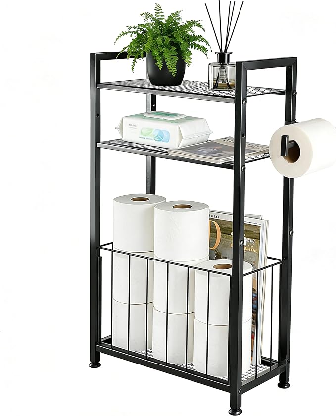 Free Standing Toilet Paper Holder with Shelf, Adjustable Feet Bathroom Toilet Paper Holder Stand for Narrow Space, Roll Dispenser Tissue Holder, Holds Multiple Rolls and Keeps Paper Dry and Clean