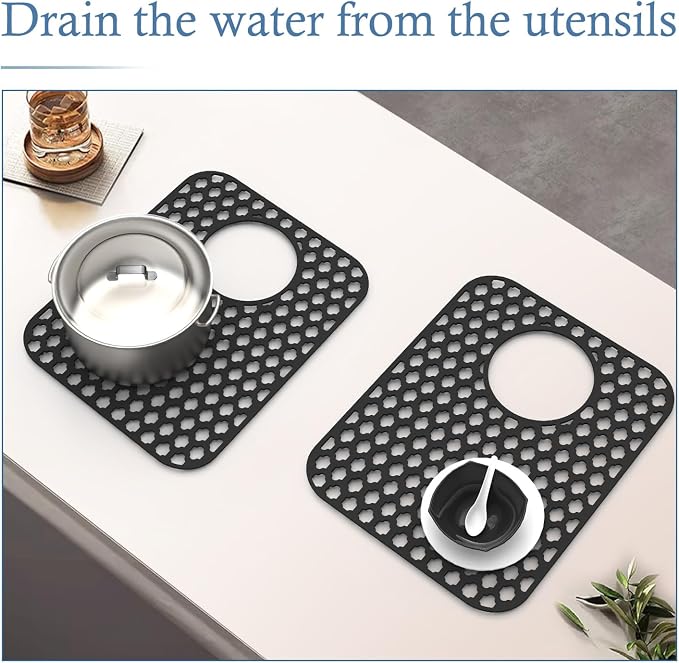 2 Pack Silicone Sink Protector Mat for Kitchen Sink Rear Drian Black | 13-9/16" x 11-5/8" Non-Slip Heat-resistant and Durable Silicone Grid