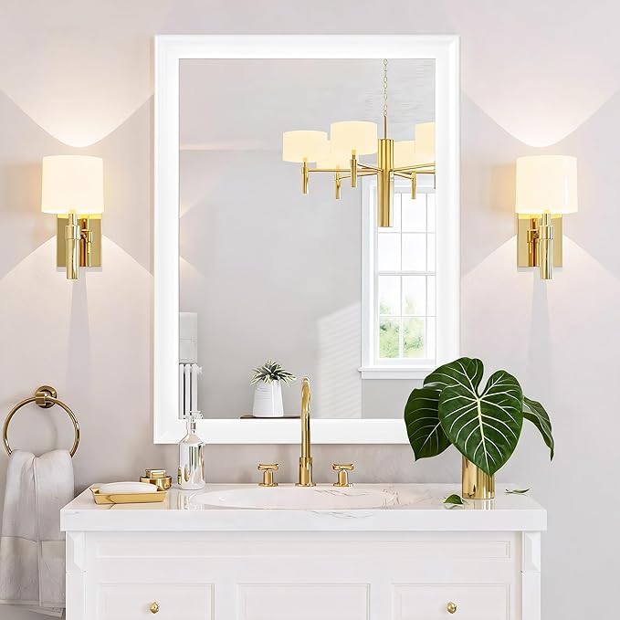 Tanmicoshomy White Rectangle Bathroom Wall Mirror 30x40 Inch | Tempered Glass, 4 Pre-Installed D-Ring Hooks, Vertical/Horizontal Wall Mount for Bedroom Living Room