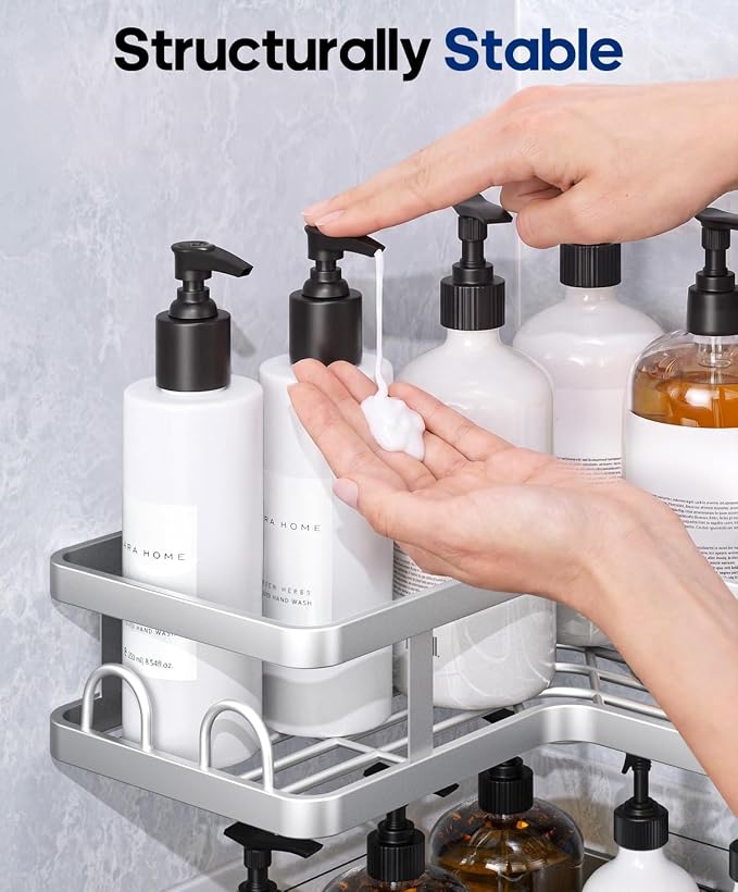 3 Pack Corner Shower Shelves, Rustproof Shower Organizer Caddy | No Drilling Shower Organizer Corner Exclusively for 90 Degree Right-Angle Walls with Hooks and Toothpaste Holder, Silver