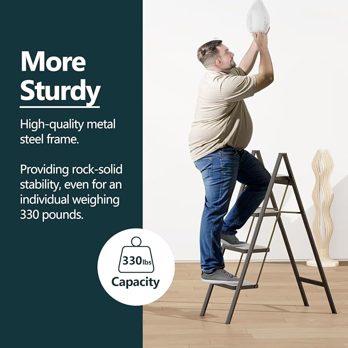 4 Step Foldable Step Stool, 330lbs Load, Black | Folded 46'' H x 2'' T; Net 12.5 lbs; Anti-Slip Feet Grip Wood, Tile, Carpet; Wide Pedals; For Shelves, Repairs.