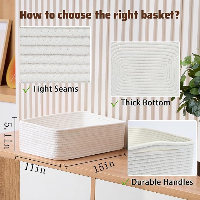 MiniArk Large Shallow Organizing Baskets 15x11x5.1 Inches - Rope Woven Storage Bins for Bathroom, Shelves, Cube Closet, Off White 2 Packs