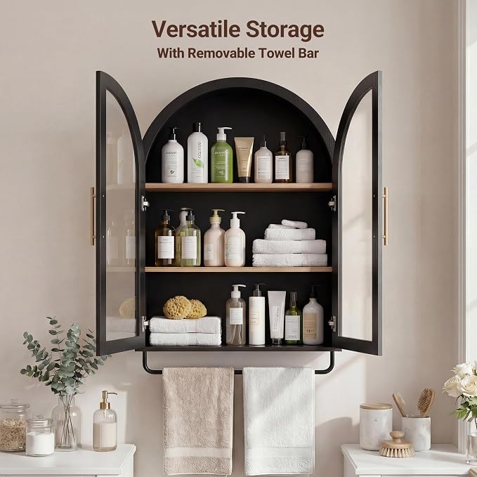 Seang Bathroom Arched Wall Cabinet,Modern Medicine Cabinet with Towel Bar and Adjustable Shelf,Over The Toilet Wall Storage Cabinet,Black
