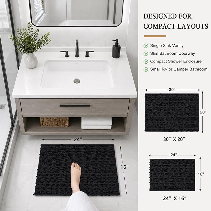 Arotive Bathroom Rugs Mat 24x16, Soft Absorbent Chenille Shaggy Bath Mat | Black, Machine Wash Dry, Bath Rugs for Bathroom Floor, Tub and Shower, Home Decor Accessories