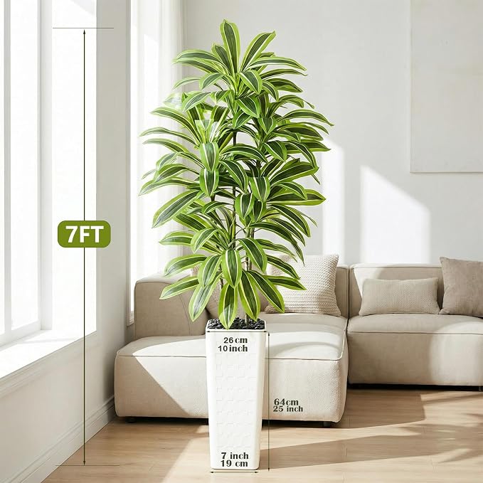 Artificial Yellow Dracaena Tree Indoor, 7FT Tall Fake Floor Plants with White Planter & Pebbles, Faux Silk Yucca Tree for Home Office Living Room Bedroom Farmhouse Modern Outdoor Topiary Tree