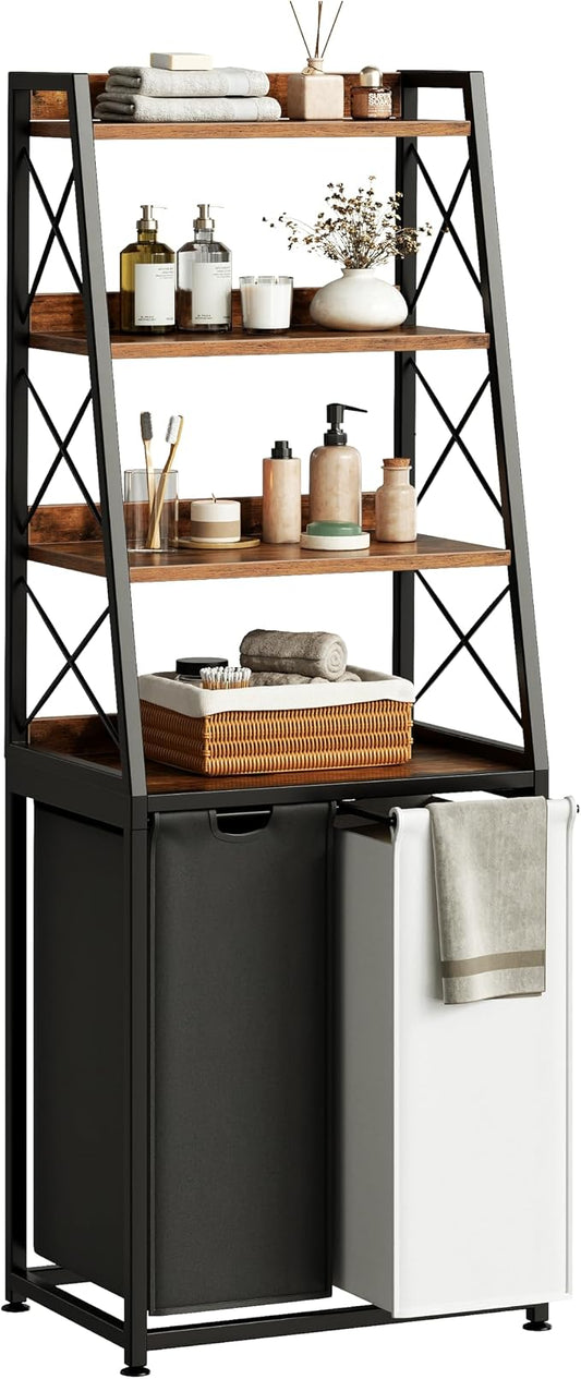Herture Laundry Basket, 2 Section Laundry Hamper with 4 Tiers Shelf, Pull-Out and Removable Laundry Bags, Large 2 x 15.87 Gallons, for Bedroom Bathroom Rustic Brown PF11XLN
