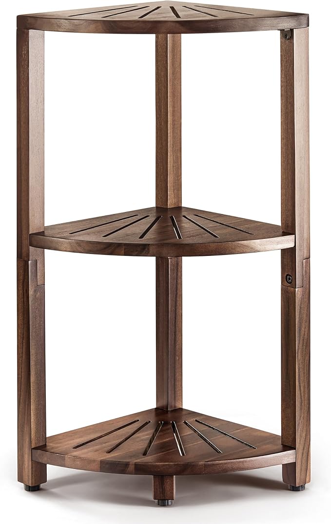BLUEWEST 3-Tier Corner Shower Caddy Stand, Wood, Walnut | Shower Organizer Standing, Anti-Slip Feet, Waterproof & Durable, Space-Saving Design, Bathroom Corner Shelf