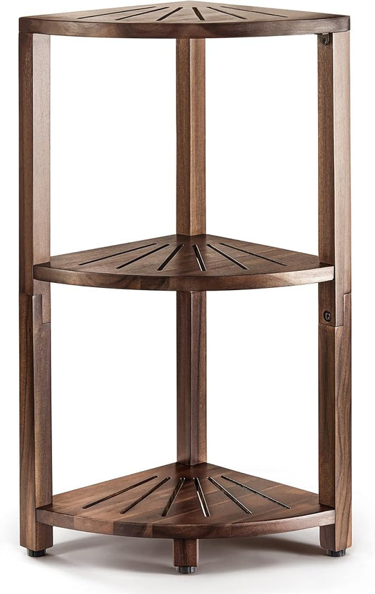 BLUEWEST 3-Tier Corner Shower Caddy Stand, Wood, Walnut | Shower Organizer Standing, Anti-Slip Feet, Waterproof & Durable, Space-Saving Design, Bathroom Corner Shelf