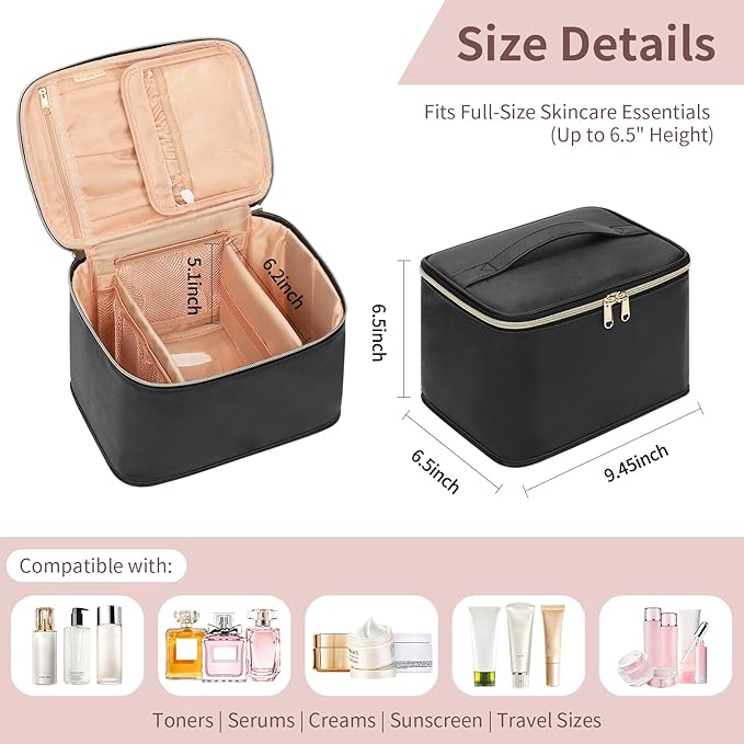 Travel Makeup Bag, Cosmetic Bags for Women Makeup Case Organizer Large Capacity Travel Toiletry Bag Storage Bags with Divider and Handle for Cosmetics Toiletries Brushes Tools-Large, Black