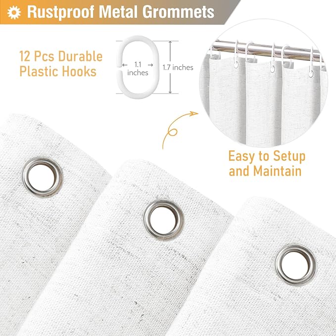 Extra Long Linen Ruffle Farmhouse Cloth Shower Curtain, 72x84, White | Ruffle Hem, Heavy Duty Fabric, 12 Hooks, Elegant Drape, Shabby Chic Style, Bathroom Decor, Machine Washable, Easy To Install